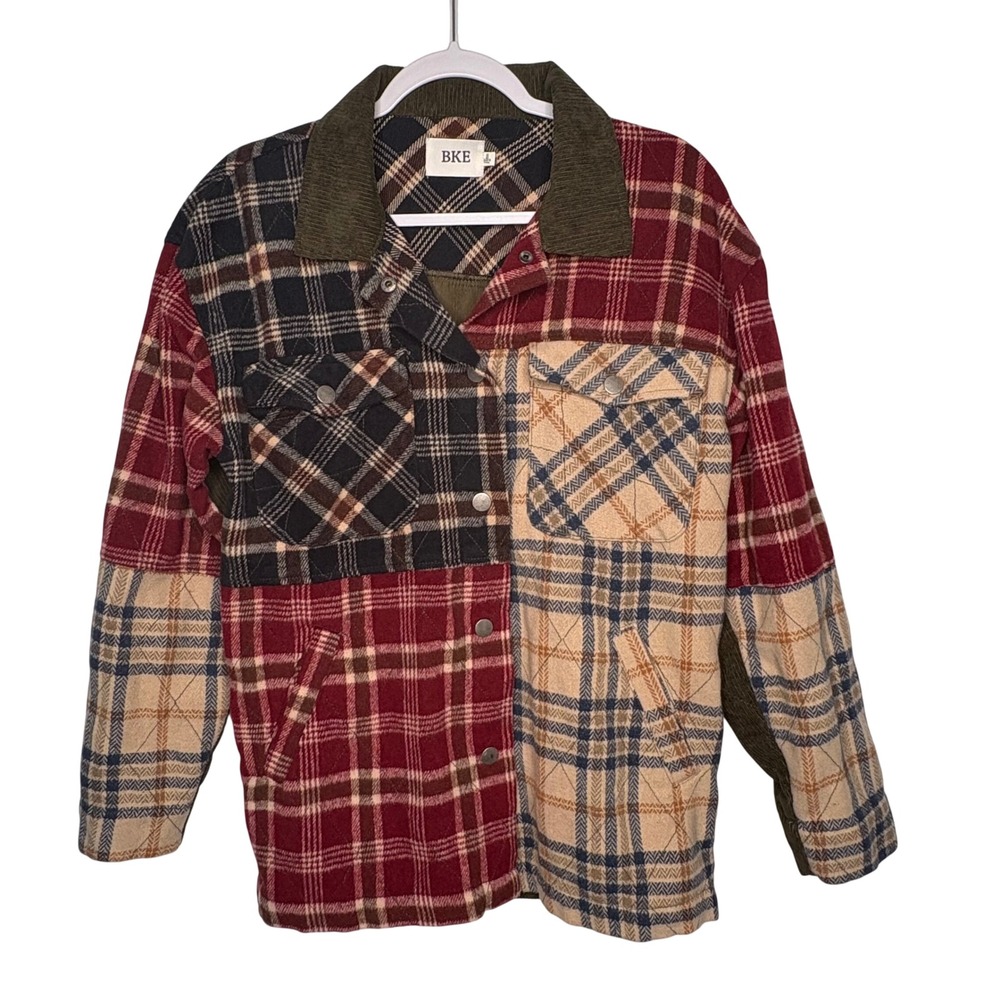 90s Grunge BKE Pieced Plaid Shirt Jacket Distressed Look Flannel S Indie Sleaze
